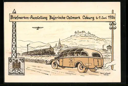 Künstler-AK Coburg, Briefmarken-Ausstellung Bayerische Ostmark 1936, Bus und Eisenbahn