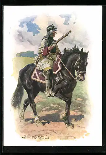 Künstler-AK Anton Hoffmann - München: Hist. Uniformen des bayer. 2. Chevauleger-Reg. Taxis, Cuirassier 1691-1706