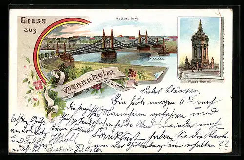 Lithographie Mannheim, Neckarbrücke, Wasserthurm