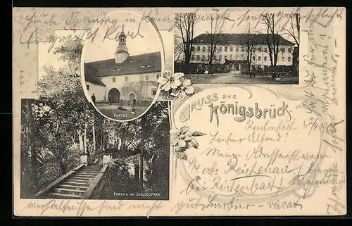 AK Königsbrück, Partie am Schlosspark, Portal, Schloss
