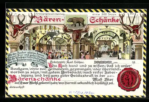 AK Dresden, Bärenschänke, Geweih-Sammlung mit Besuchern