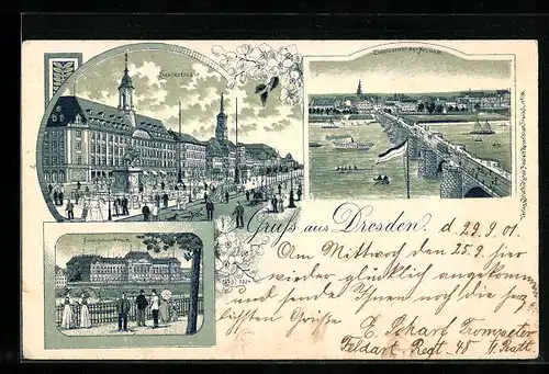 Lithographie Dresden, Hautpstrasse, Finanzministerium, Totalansicht der Neustadt