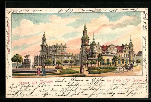 Lithographie Dresden, Kath. Kirche & Kgl. Schloss