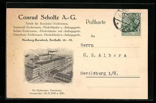 AK Hamburg-Barmbeck, Conrad Scholtz A.-G., Fabrik für Lederwaren, Berthastrasse 18-33