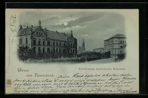 Mondschein-AK Remscheid, Krankenhaus, Lutherkirche, Realschule