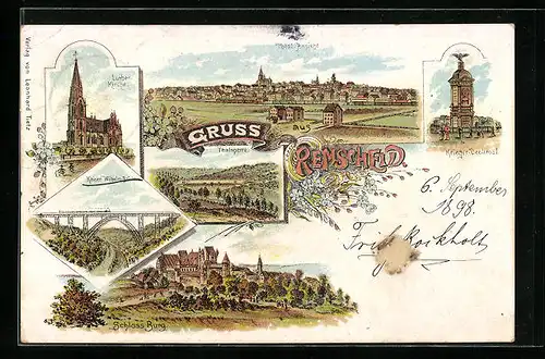 Lithographie Remscheid, Ortsansicht, Lutherkirche, Krieger-Denkmal, Kaiser-Wilhelm-Brücke