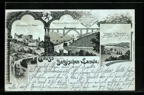 Lithographie Burg a. d. Wupper, Schloss Burg, Kaiser-Wilhelm-Brücke, Thalsperre