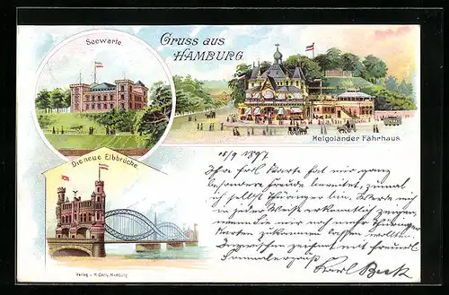 Lithographie Hamburg, Helgoländer Fährhaus, Seewarte, Neue Elbbrücke