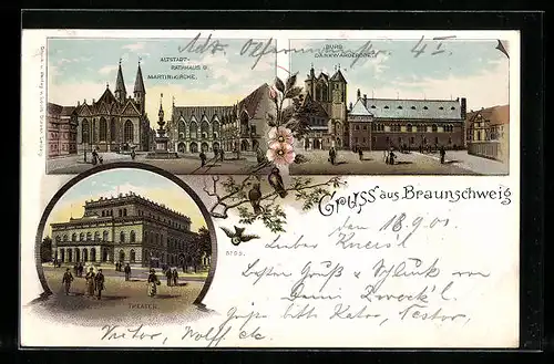 Lithographie Braunschweig, Rathaus & Martinikirche, Theater, Burg Dankwarderode