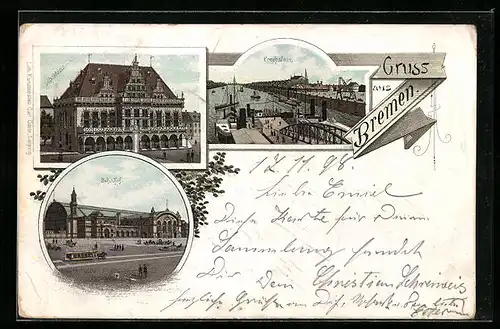 Lithographie Bremen, Bahnhof, Freihafen, Rathhaus