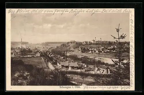 AK Schongau /Obb., Gesamtansicht mit Kirchetürmen und Fabrik