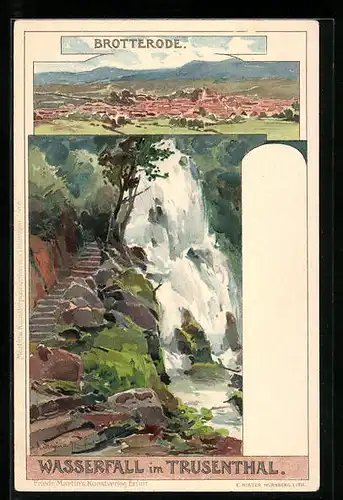 Künstler-AK Albert Stagura: Brotterode, Ortsansicht und Wasserfall im Trusenthal