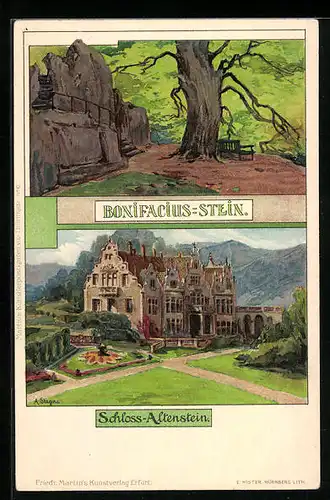 Künstler-AK Albert Stagura: Bad Liebenstein, Schloss Altenstein, der Bonifacius-Stein
