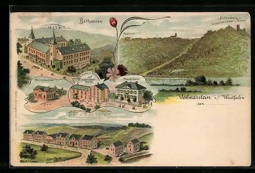 Lithographie Volmarstein i. Wastfalen, Bethanien, Vereinshaus Rückseite und Kleinkinderschule, Frauenheim