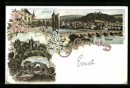 Lithographie Hohenlimburg, Schloss, Schlosshof, Hünnenpforte