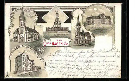 Lithographie Hagen i. W., Gewerbeschule bei Mondschein, Christus-Kirche, Luther-Kirche