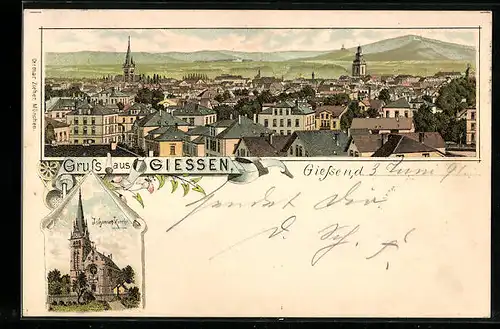 Lithographie Giessen, Teilansicht, Johannes-Kirche