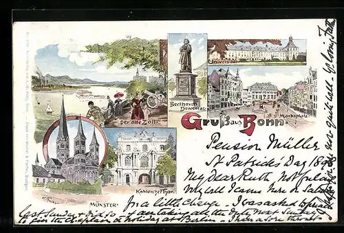 Lithographie Bonn, Universität, Münster, Koblenzer Tor