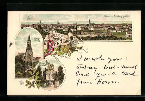 Lithographie Bonn, Teilansicht vom Venusberg gesehen, Evangelische Kirche, Krieger-Denkmal