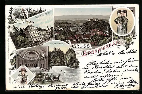 Lithographie Badenweiler, Hotel Sommer, Inneres Marmorbad, Schwanenweiher