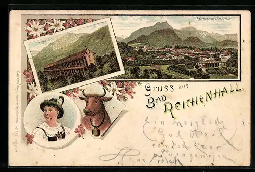 Lithographie Bad Reichenhall, Teilansicht vom Gradierhaus aus gesehen