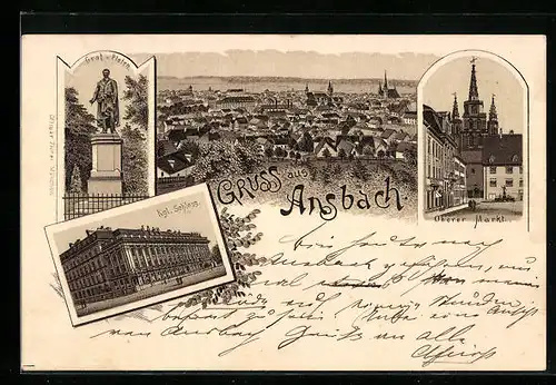 Lithographie Ansbach, Königliches Schloss, Oberer Markt, Graf von Platen