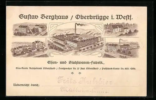 Künstler-AK Oberbrügge i. Westf., Eisen- und Stahlwaren-Fabrik, Mehrfachansicht