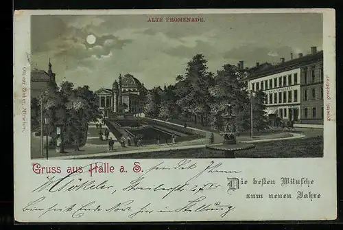 Mondschein-Lithographie Halle a. S., Alte Promenade mit Kredit-Geschäft