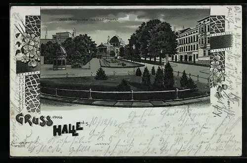 Mondschein-Lithographie Halle a. S., Alte Promenade mit Stadt-Theater