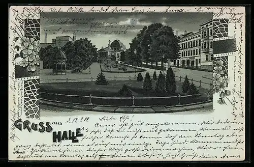 Mondschein-Lithographie Halle a. S., Alte Promenade mit Möbelgeschäft und Stadt-Theater