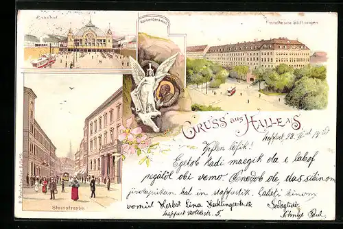 Lithographie Halle a. S., Francke`sche Stiftungen, Bahnhof, Kaiserdenkmal