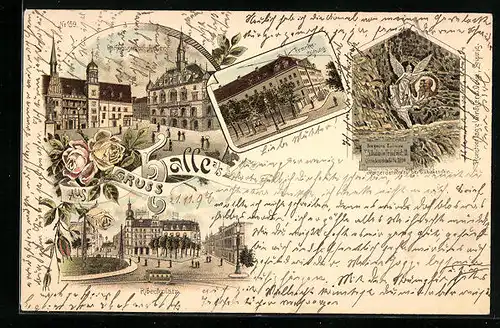 Lithographie Halle a. S., Rathaus mit Gasthaus Ratskeller, Franke-Stiftung, Ribeckplatz