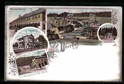 Lithographie Oberhof, Domainen Gasthof, Kurhaus, Obere Schweizerhütte