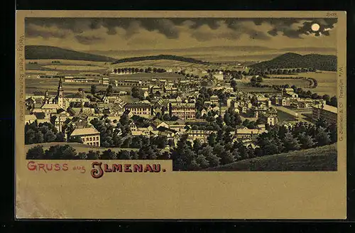 Lithographie Ilmenau, Teilansicht mit Kirche bei Mondschein