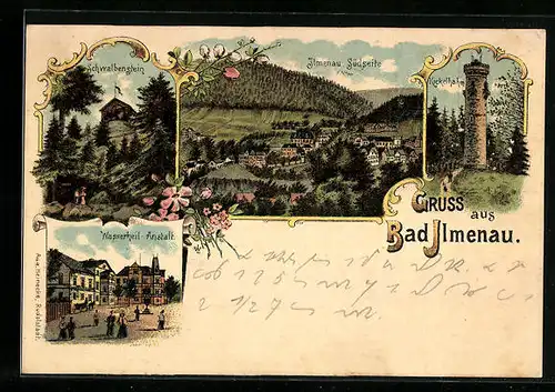 Lithographie Bad Ilmenau, Wasserheil-Anstalt, Kickelhahn, Schwalbenstein