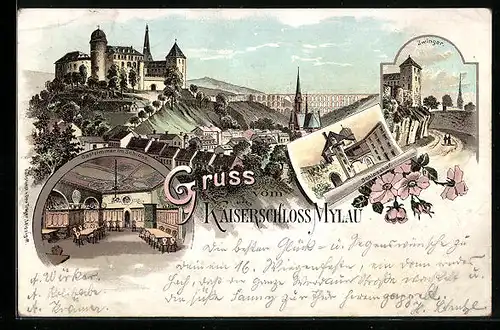 Vorläufer-Lithographie Mylau, 1895, Kaiserschloss, Inneres Gastzimmer, Schlosshof