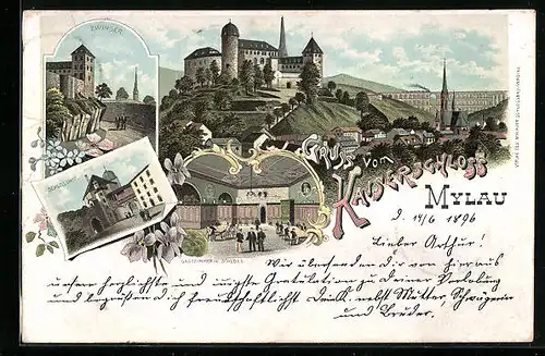 Lithographie Mylau, Kaiserschloss, Gastzimmer im Schloss, Schlosshof