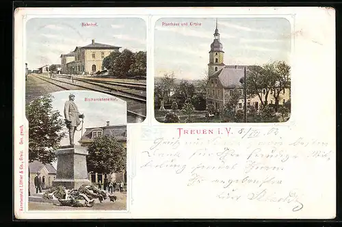 AK Treuen i. V., Pfarrhaus und Kirche, Bahnhof, Bismarckdenkmal