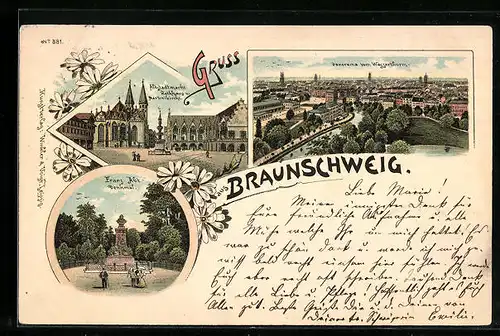 Lithographie Braunschweig, Panorama vom Wasserturm, Altstadtmarkt mit Rathaus und Marktkirche, Franz Abt-Denkmal