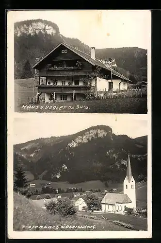 AK Tiefenbach ü. Oberstdorf, Haus G. Vogler, Teilansicht mit Kirche