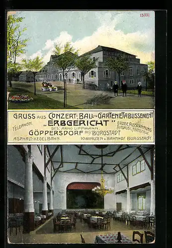 AK Göppersdorf b. Burgstädt, Gasthaus Erbgericht, Saal mit Bühne