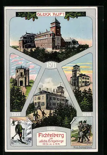 Künstler-AK Fichtelberg i. Sächs. Erzg., Gasthaus Gipfelhaus im Wandel der Zeit 1855-1911