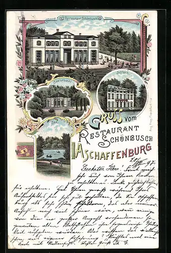 Lithographie Aschaffenburg, Restaurant Schönbusch, Aussenansicht