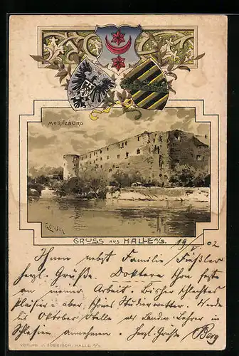 Passepartout-Lithographie Halle /Saale, Idyll an der Moritzburg, Wappen
