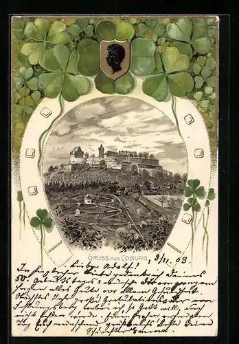 Passepartout-Lithographie Coburg, Ortspanorama im Hufeisen, Wappen und Klee