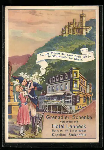 Künstler-AK Stolzenfels am Rhein, Grenadier-Schenke verbunden mit Hotel Lahneck