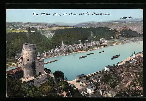 AK St. Goar /Rhein, Ortsansicht mit St. Goarshausen und Rheinfels
