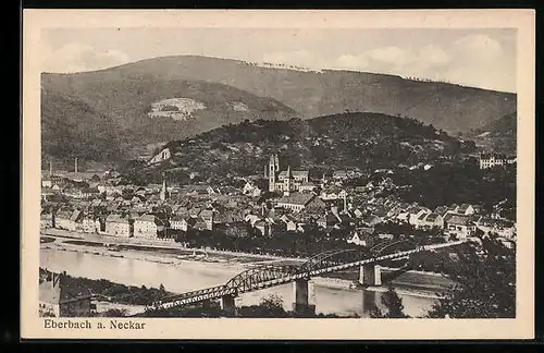 AK Eberbach a. Neckar, Ortsansicht mit Brücke und Flusslauf