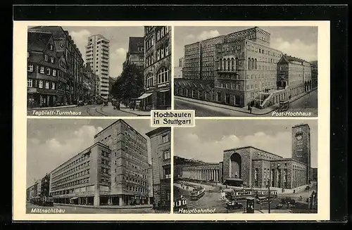 AK Stuttgart, die Hochbauten Post Hochhaus, Mittnachtbau und Tagblatt Turmhaus