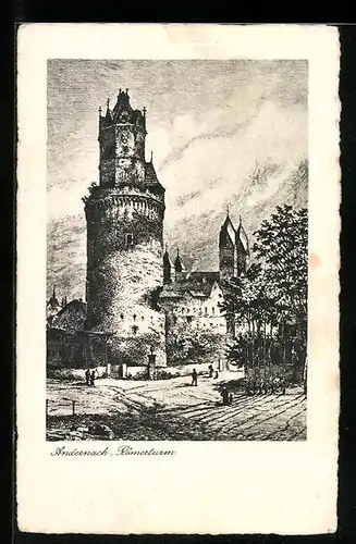 Künstler-AK Andernach, Menschen vor dem Römerturm